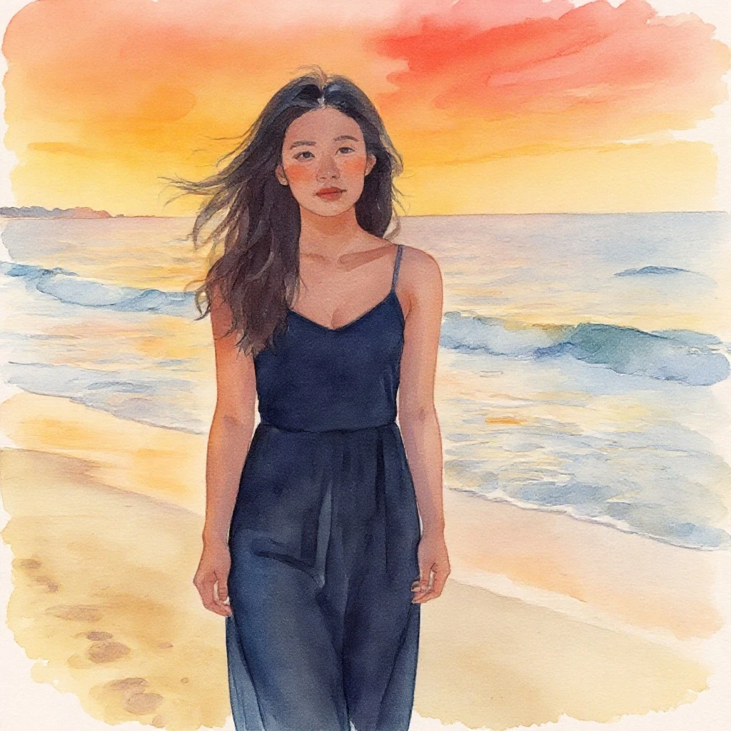 Watercolor-style beach portrait generated with an AI image generator