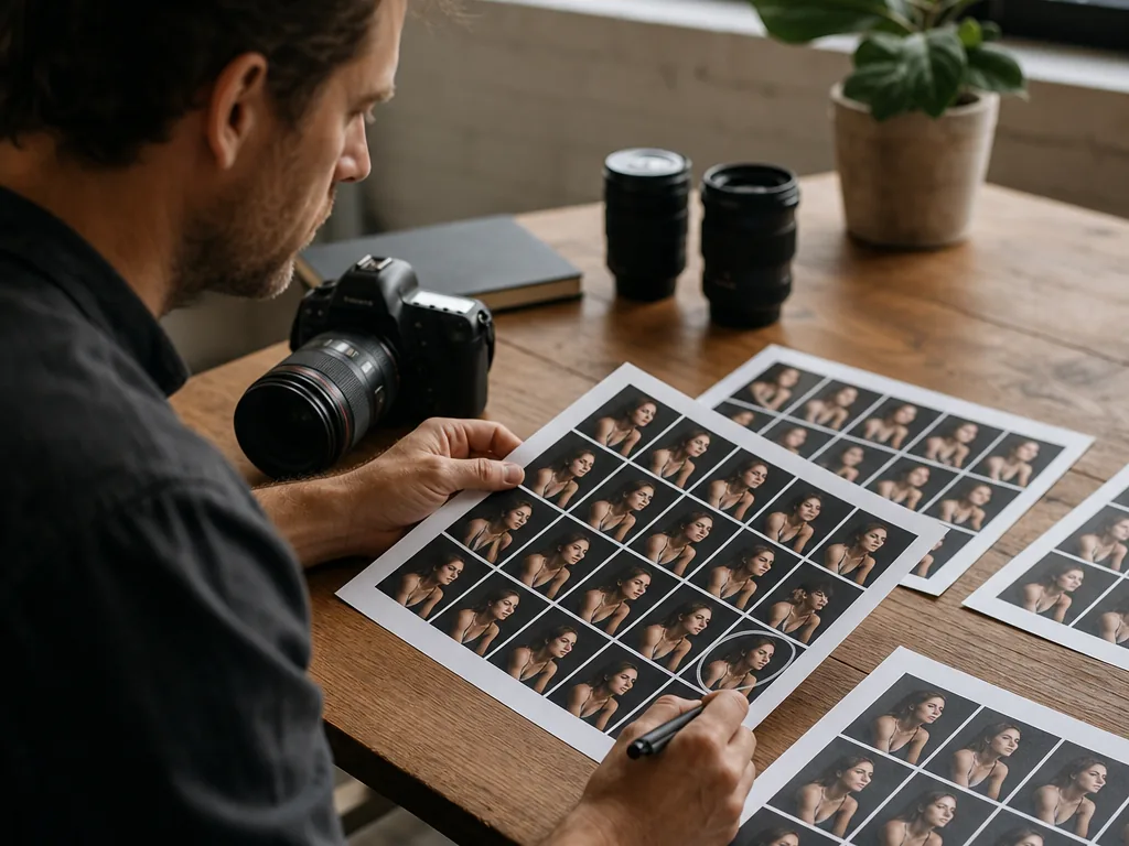 Photographer comparing contact sheets to select the best photos from a large batch