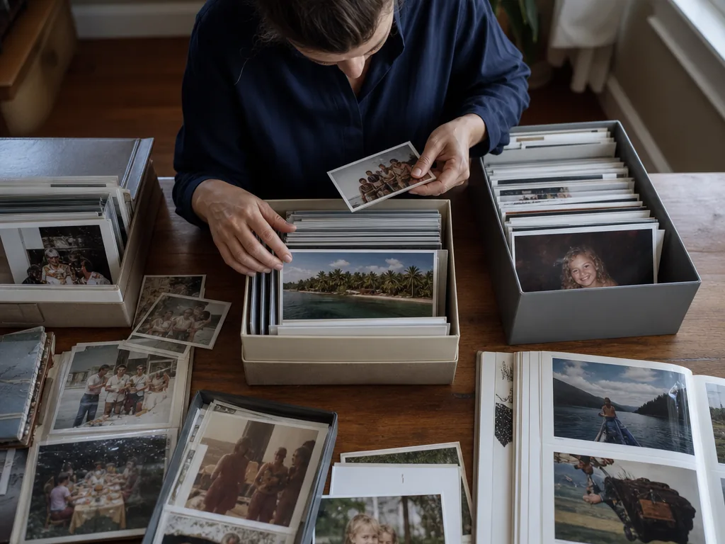Family photo archive being sorted into organized groups and albums