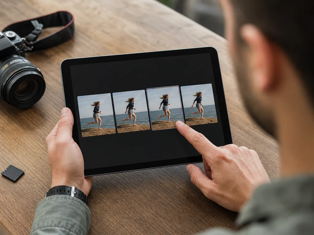 Photographer comparing similar shots on a tablet to pick the strongest image
