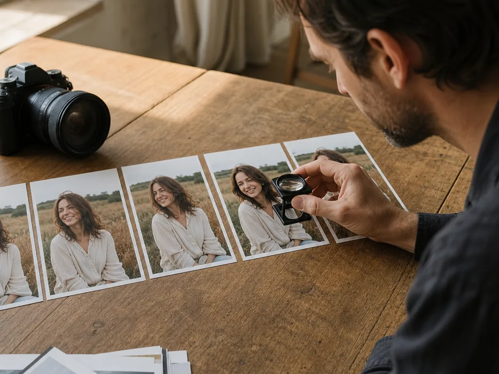 Photographer checking similar portraits to pick the clearest expression