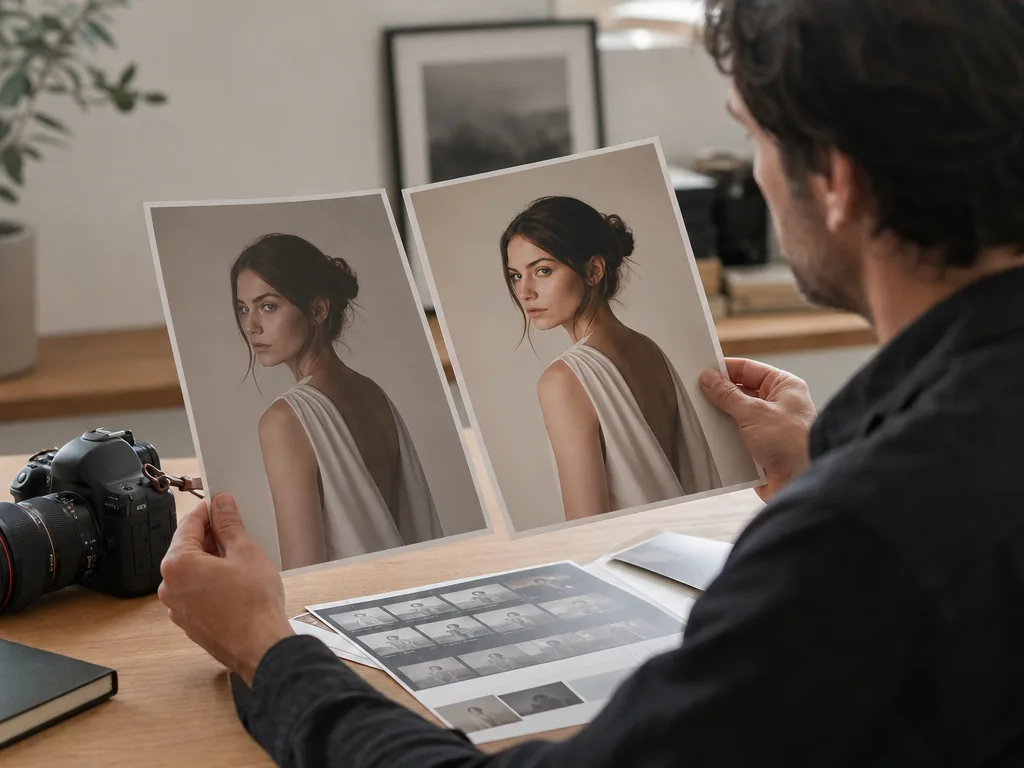 A photographer comparing portrait edits while working through an AI image editing workflow