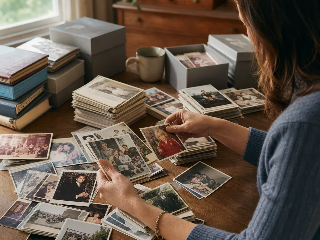 Family photo archive being sorted into organized groups and albums