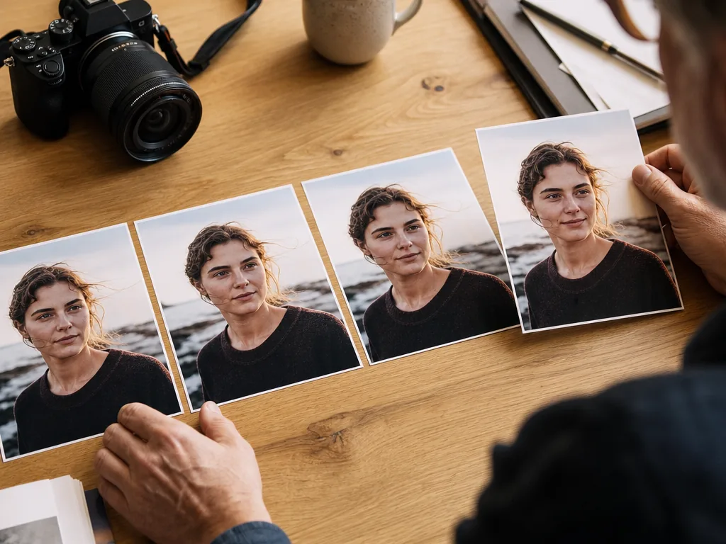 Similar portrait prints being compared to choose the best keeper