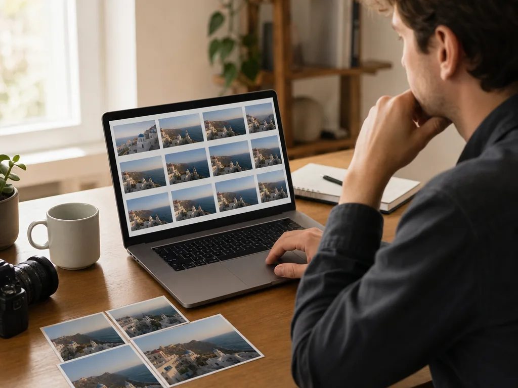 Photographer comparing travel photo thumbnails on a laptop with prints nearby