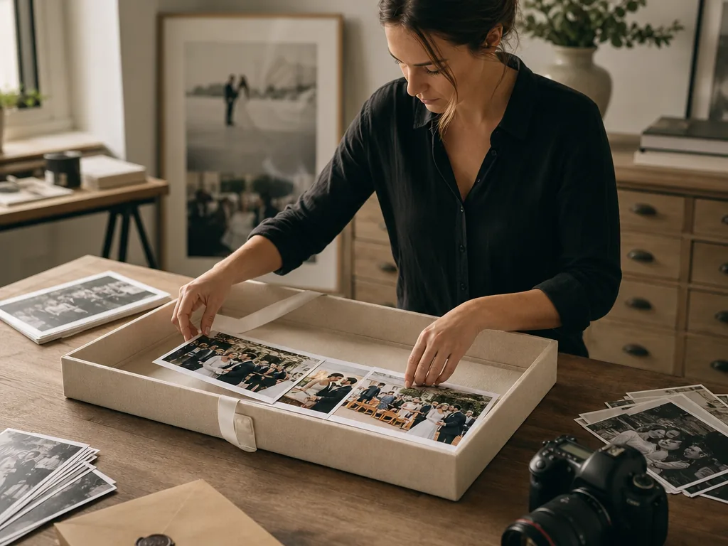 A photographer reviewing a photo selection before client delivery