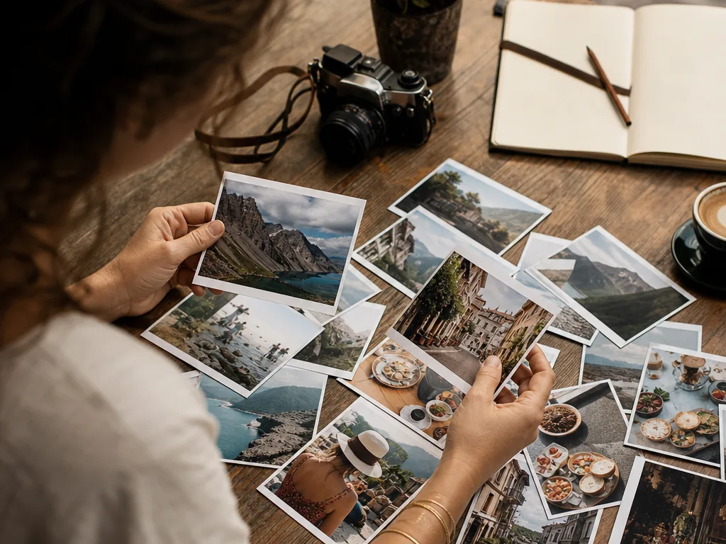 Traveler sorting vacation prints into a concise travel photo story