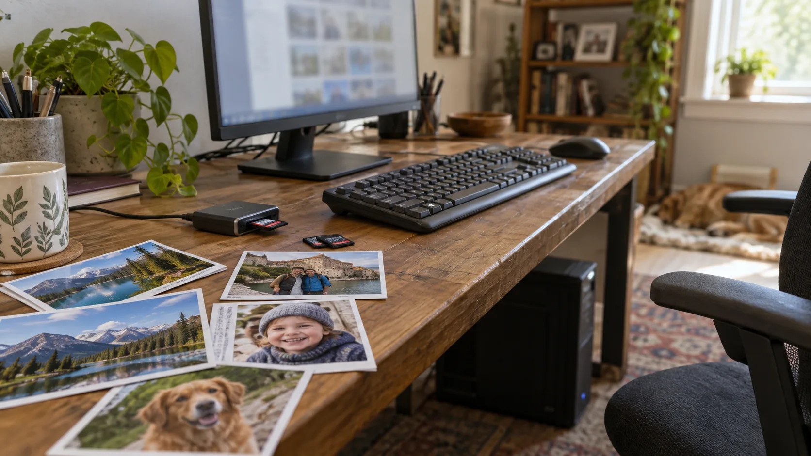 Desktop PC photo workspace with a monitor, SD card reader, and printed travel and family photographs