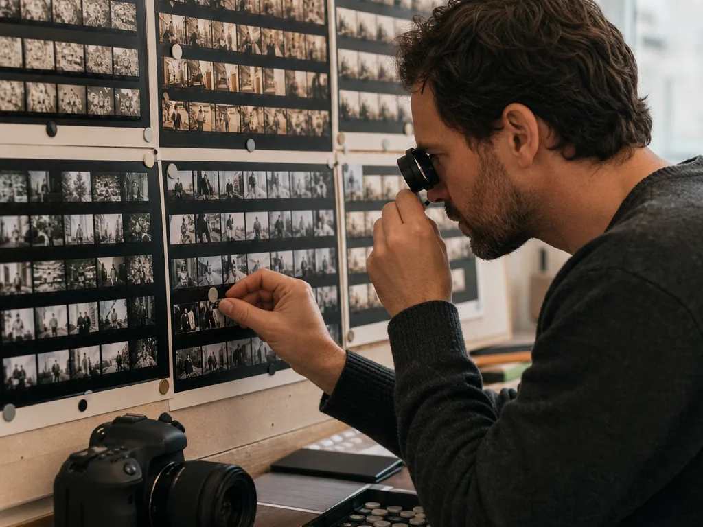 Photographer reviewing dense contact sheets with a loupe during photo culling