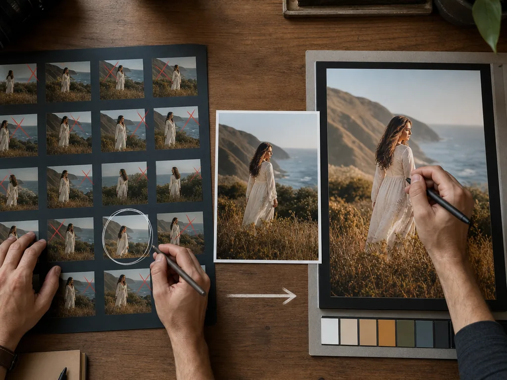 Side-by-side workflow showing photo culling before final image editing