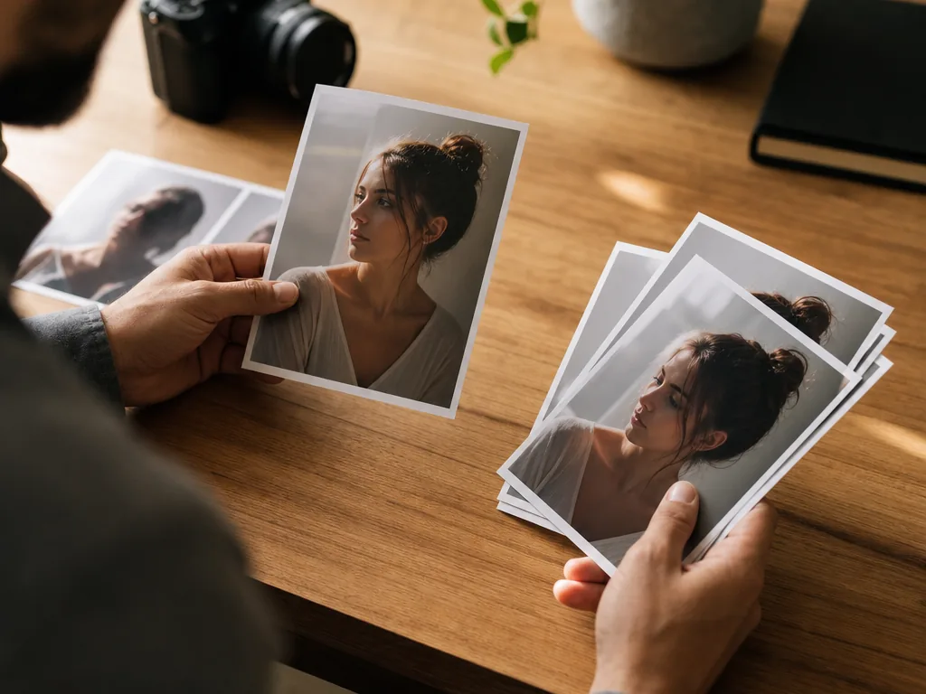 Similar portrait prints being separated into selected and rejected photos