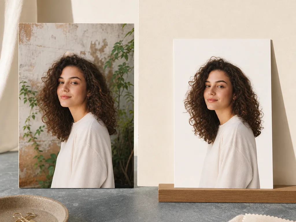 Before-and-after portrait showing a background removed from a photo
