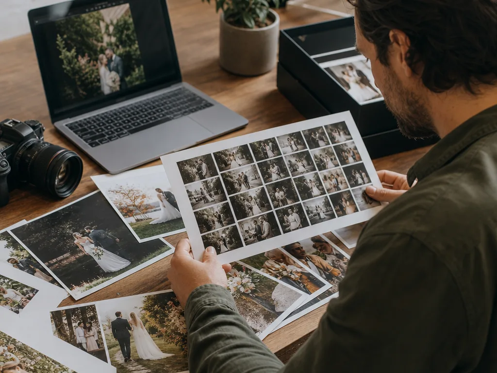 Wedding photographer reviewing contact sheets before preparing a client gallery
